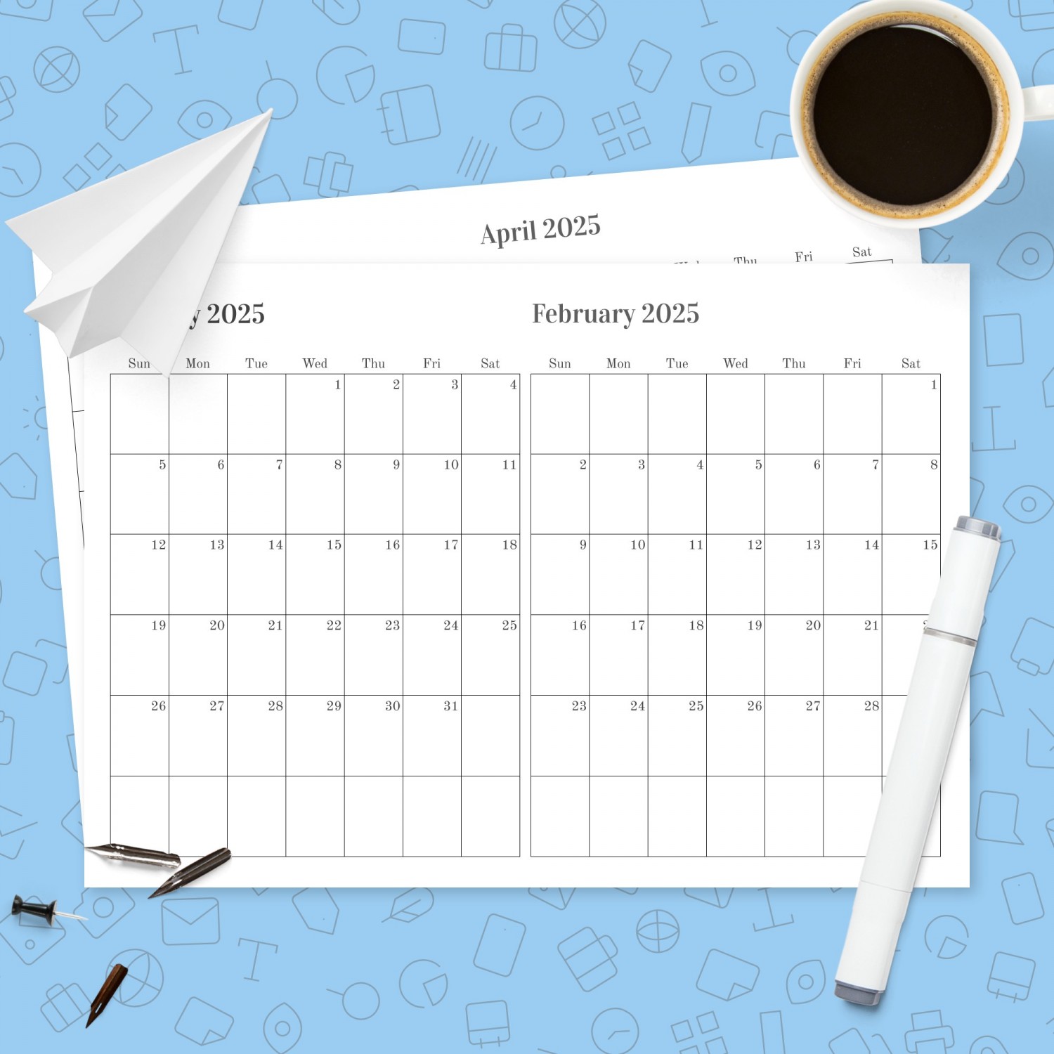 Two Months on One Page Calendar Template - Printable PDF