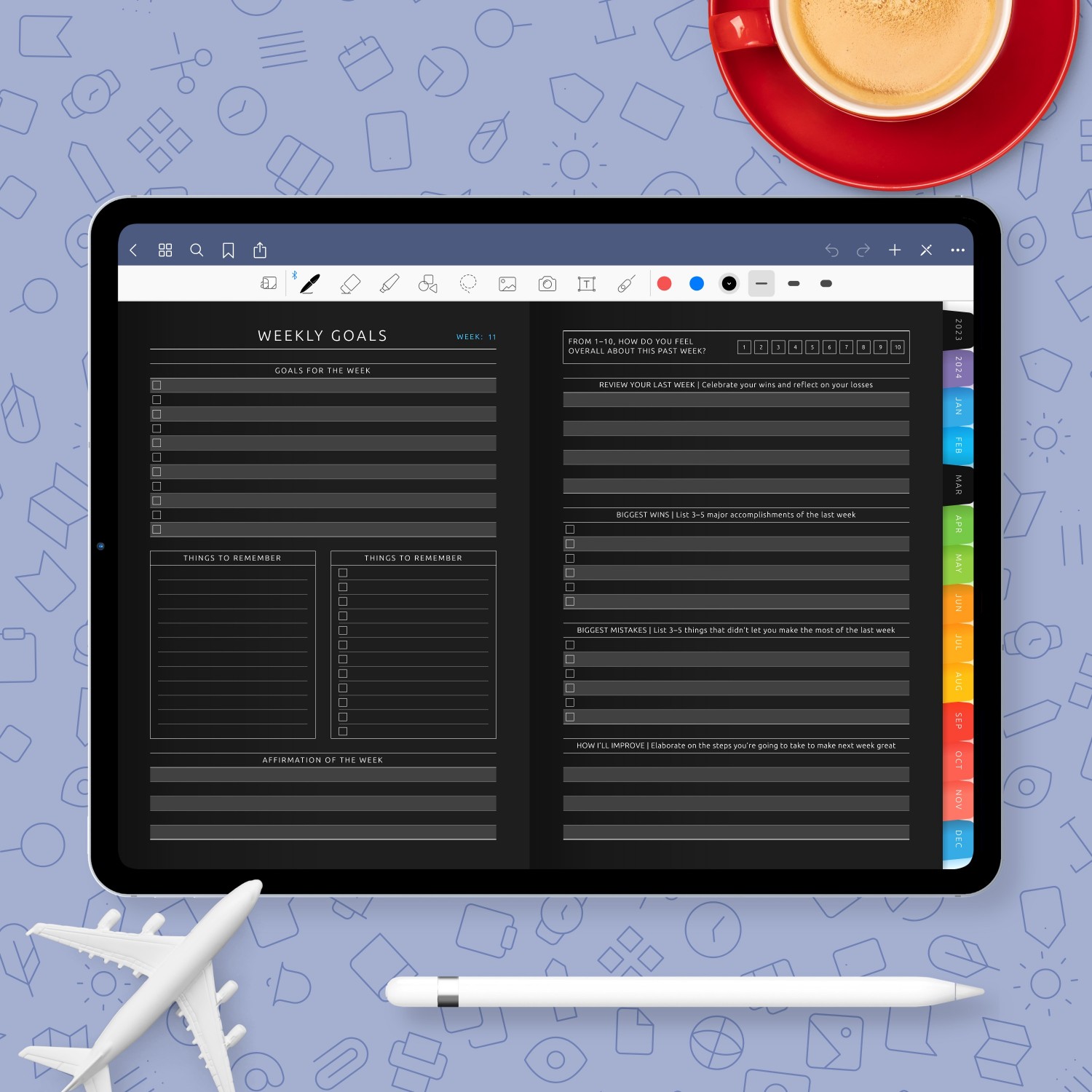Weekly Goals Digital Planner Template (Dark) for handwriting apps ...