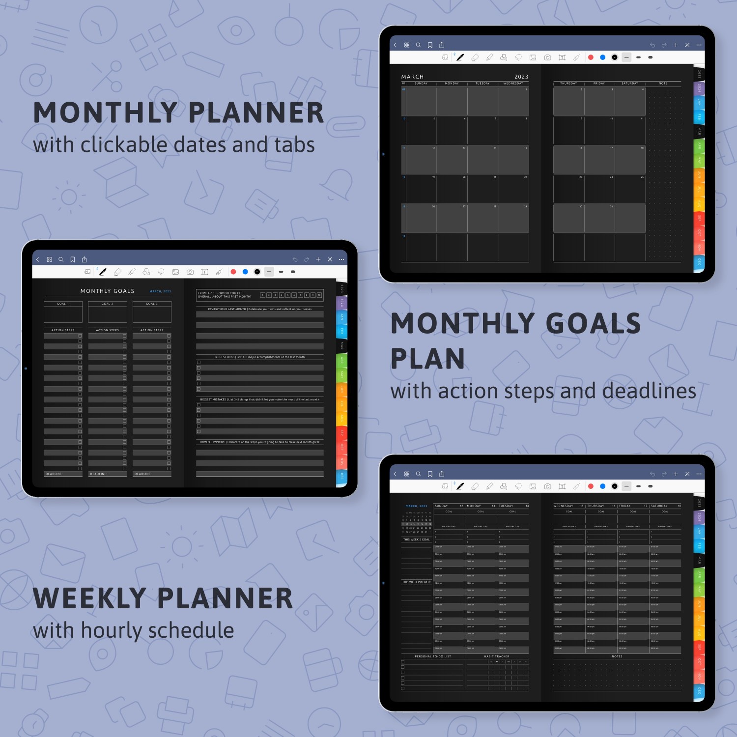 Weekly Goals Digital Planner Template (Dark) for handwriting apps ...