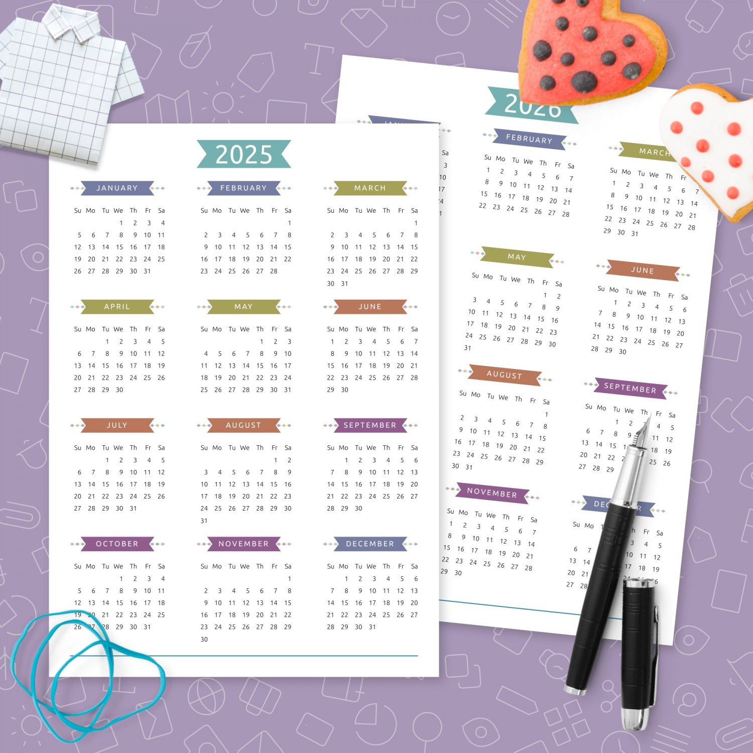 Yearly Calendar Colored Design Template - Printable PDF