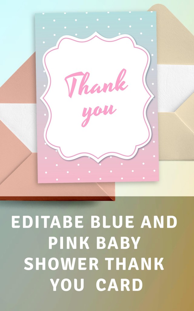 Blue and Pink Baby Shower Thank You Card Template Editable Online