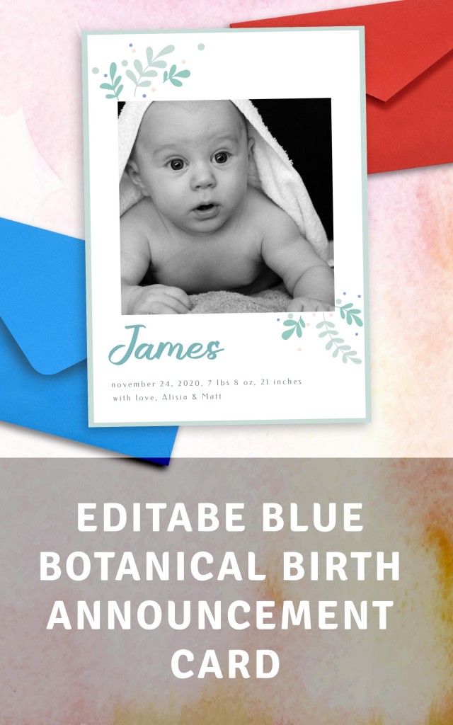 Get Blue Botanical Birth Announcement Card