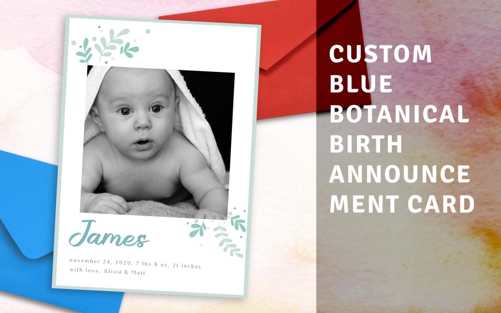 Custom Blue Botanical Birth Announcement Card