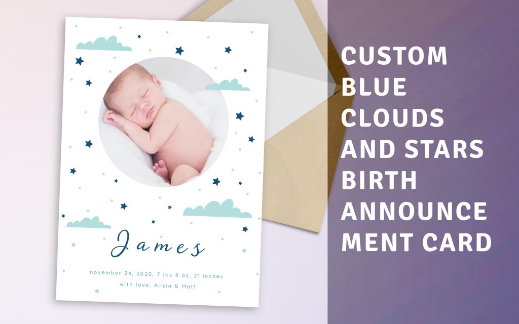 Custom Blue Clouds and Stars Birth Announcement Card
