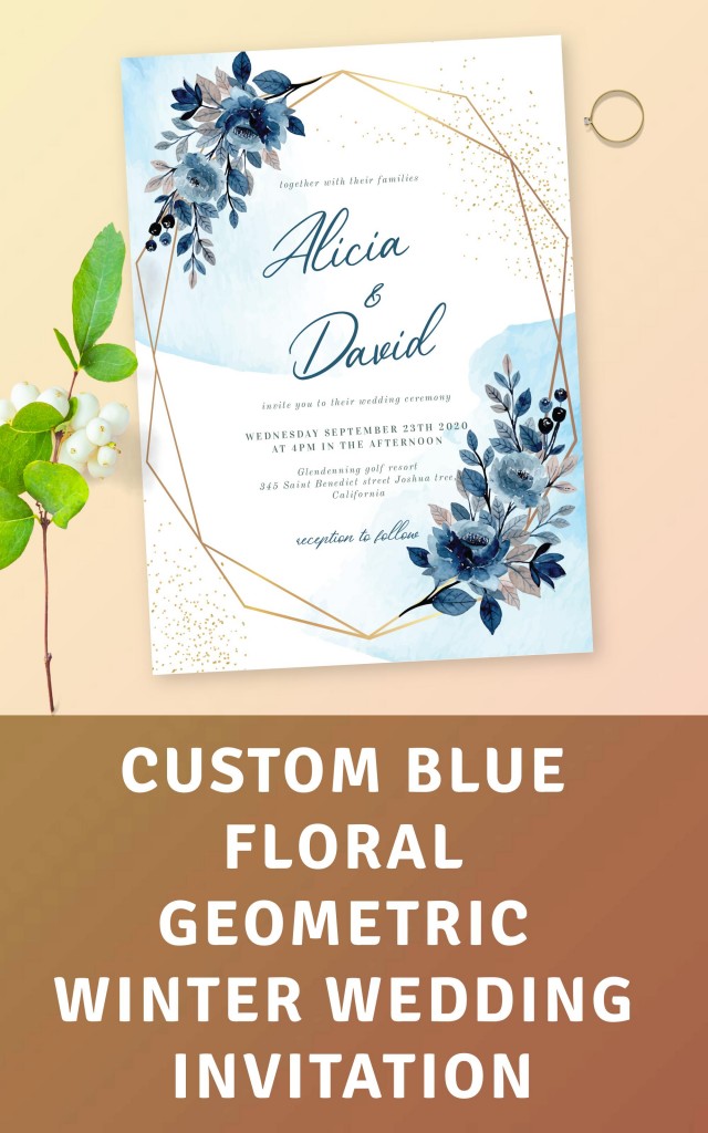 Get Blue Floral Geometric Winter Wedding Invitation