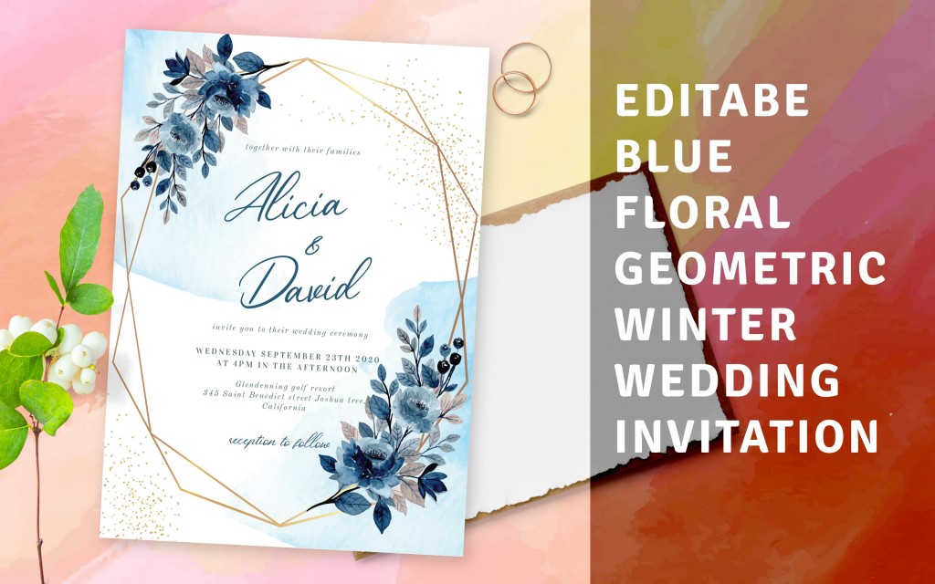 Custom Blue Floral Geometric Winter Wedding Invitation