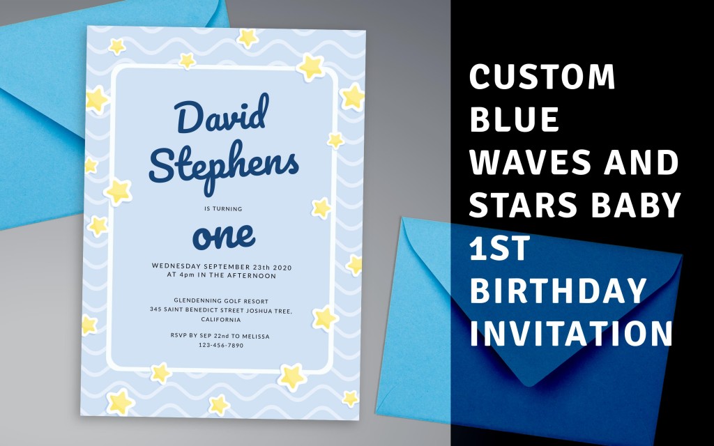 Custom Blue Waves and Stars Baby 1st Birthday Invitation