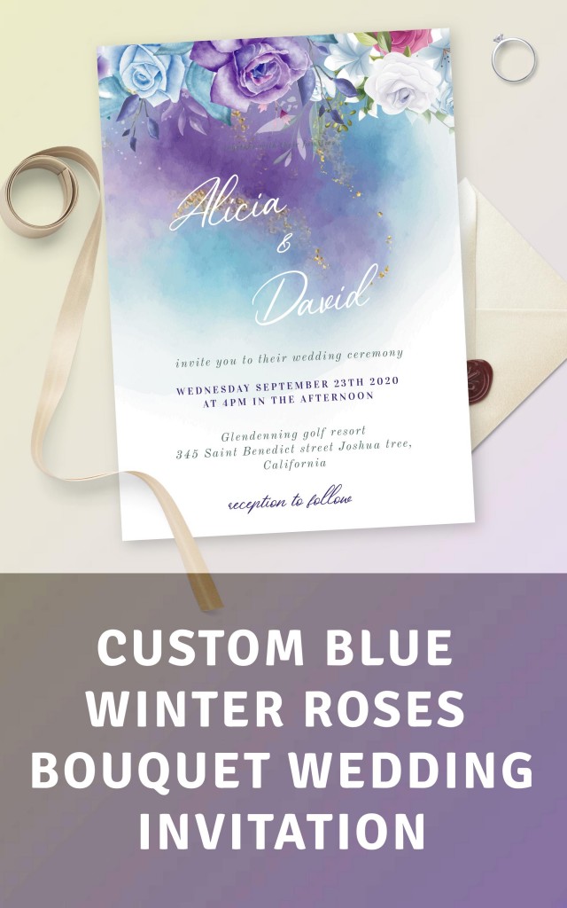 Get Blue Winter Roses Bouquet Wedding Invitation
