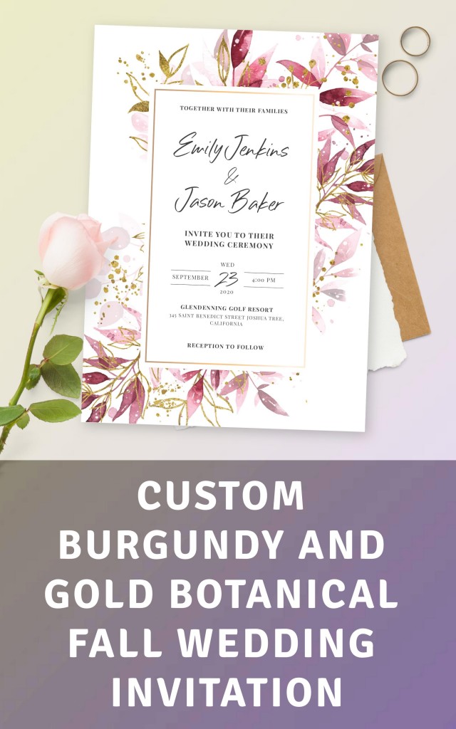 Get Burgundy and Gold Botanical Fall Wedding Invitation