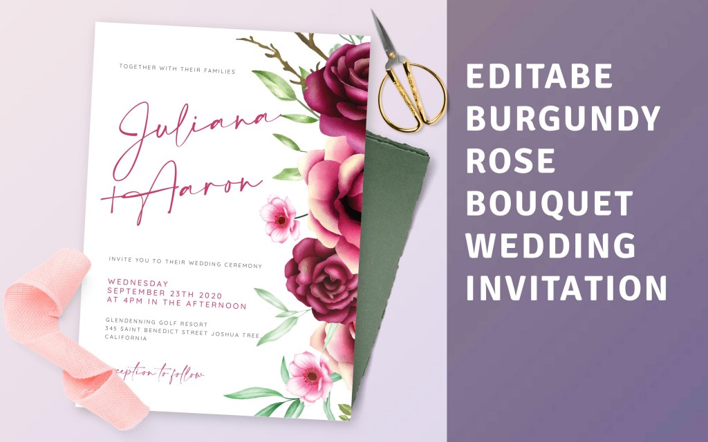 Custom Burgundy Rose Bouquet Wedding Invitation