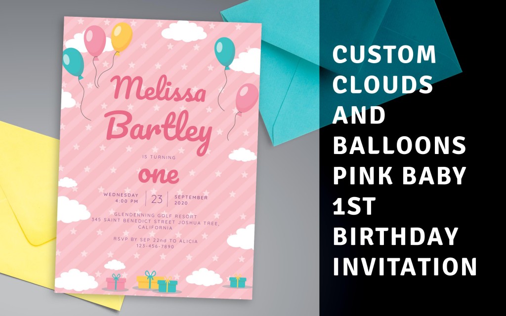 Custom Clouds and Balloons Pink Baby 1st Birthday Invitation