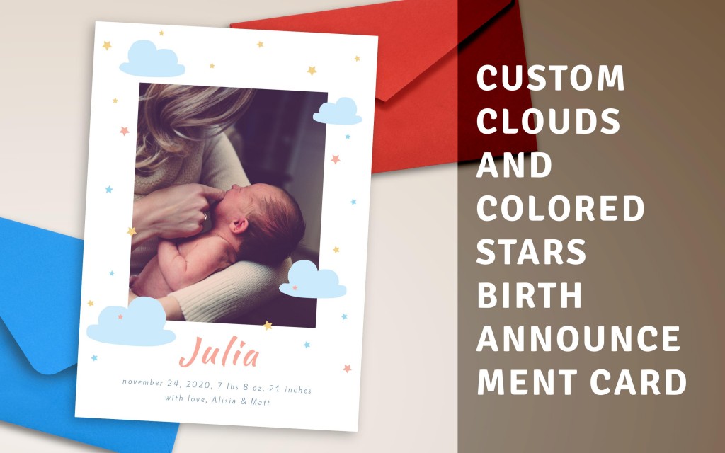 Custom Clouds and Colored Stars Birth Announcement Card