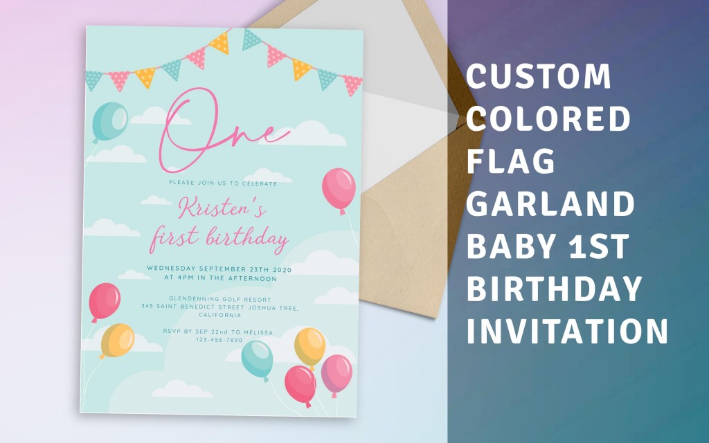 Custom Colored Flag Garland Baby 1st Birthday Invitation