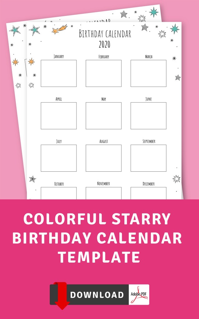 colorful starry birthday calendar template printable pdf