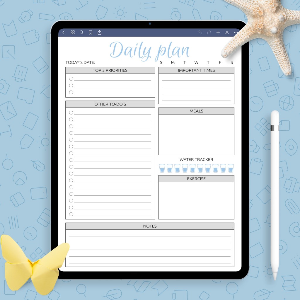 Daily Plan with Meal Section Template - Printable PDF