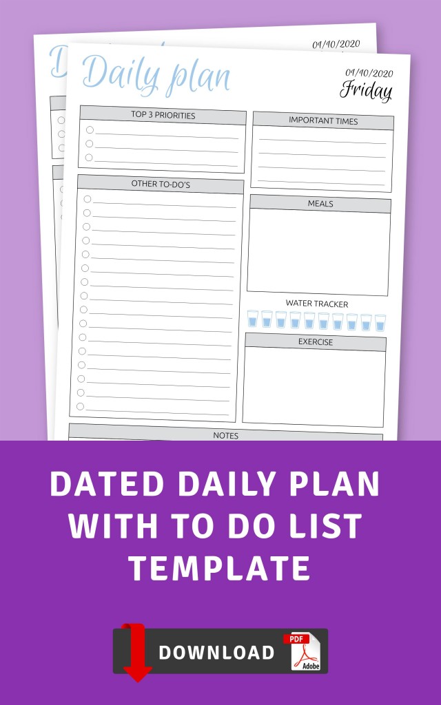 Dated Daily Plan with To Do List Template - Printable PDF