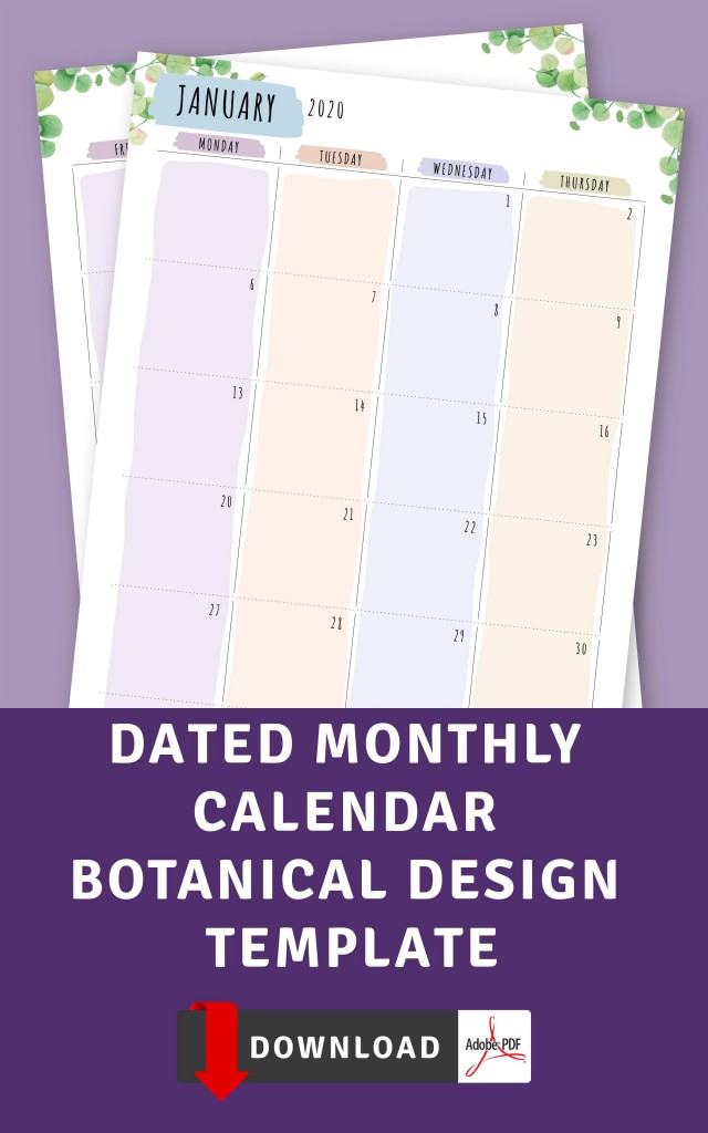 Dated Monthly Calendar Botanical Design Template - Printable PDF