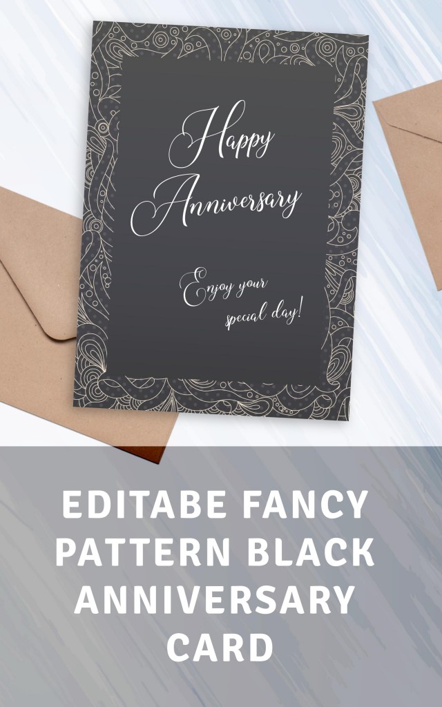 Fancy Pattern Black Anniversary Card Template Editable Online