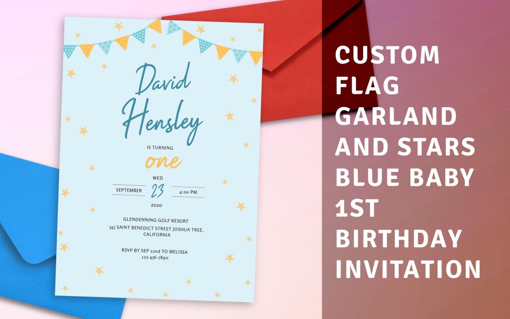 Custom Flag Garland and Stars Blue Baby 1st Birthday Invitation