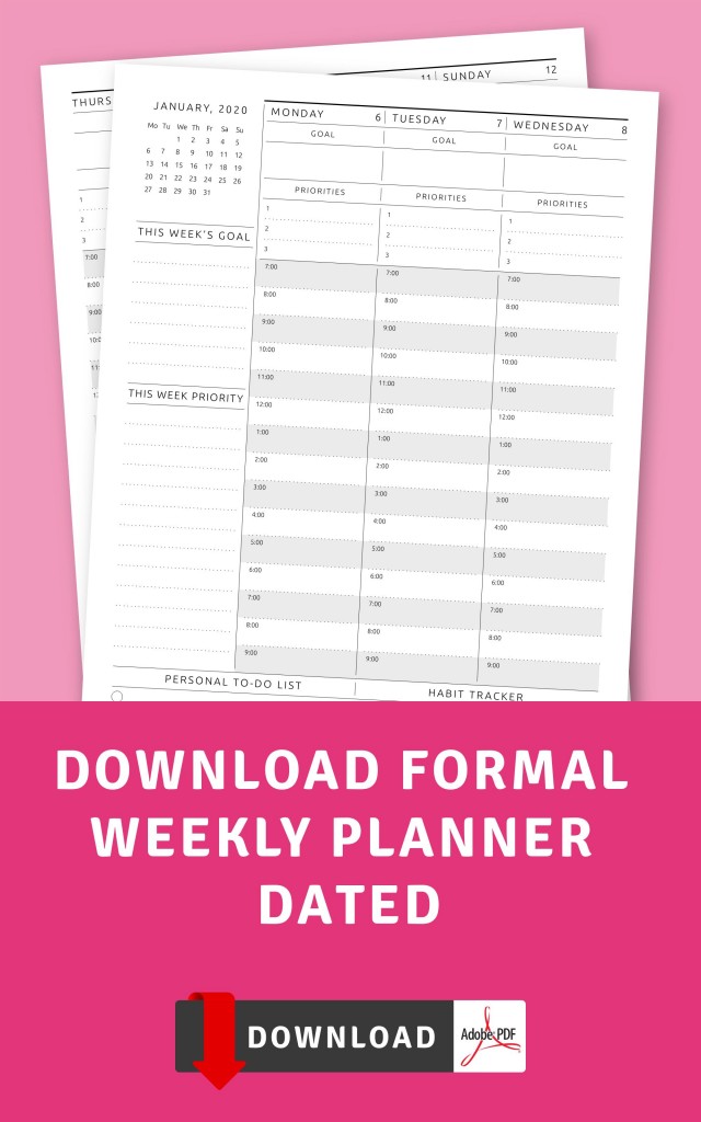 Formal Weekly Planner Dated Template Printable PDF