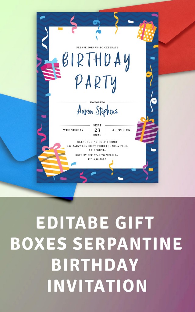 Gift Boxes Serpantine Birthday Invitation Template Online Maker