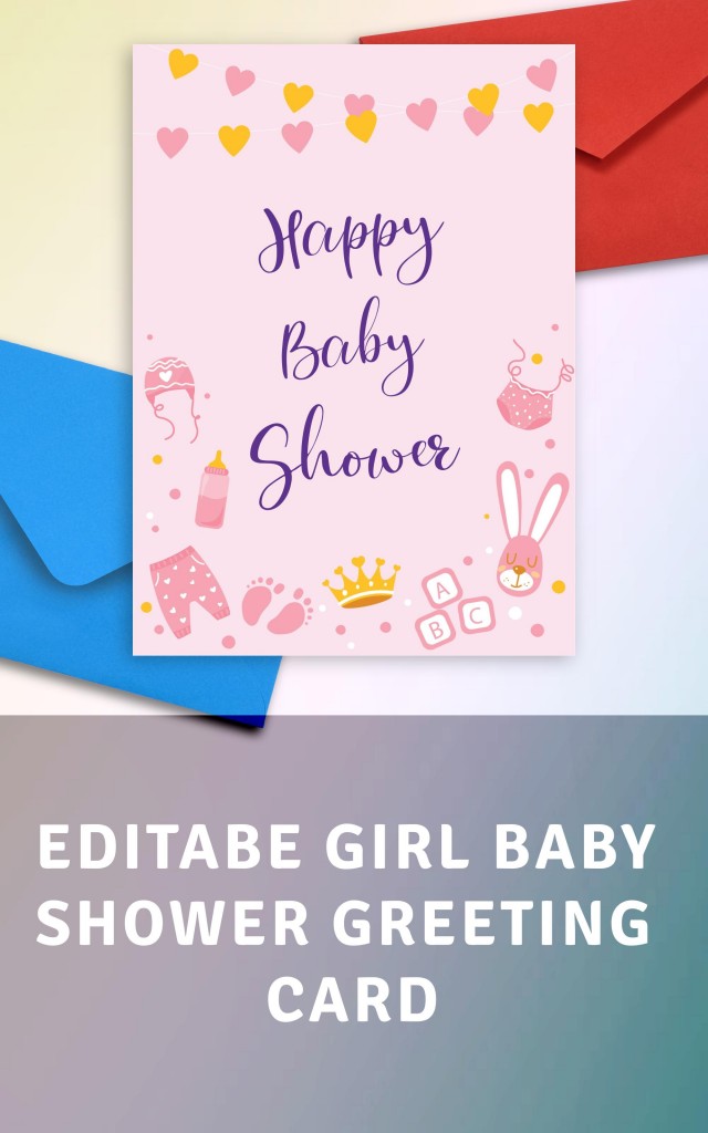 Girl baby shower greeting card template editable online