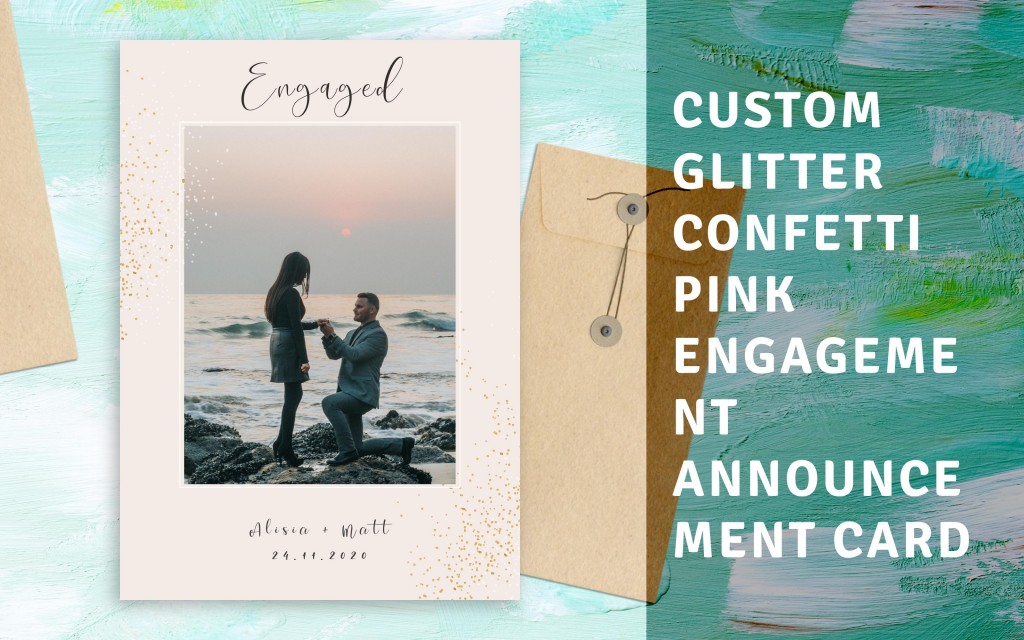 Custom Glitter Confetti Pink Engagement Announcement Card