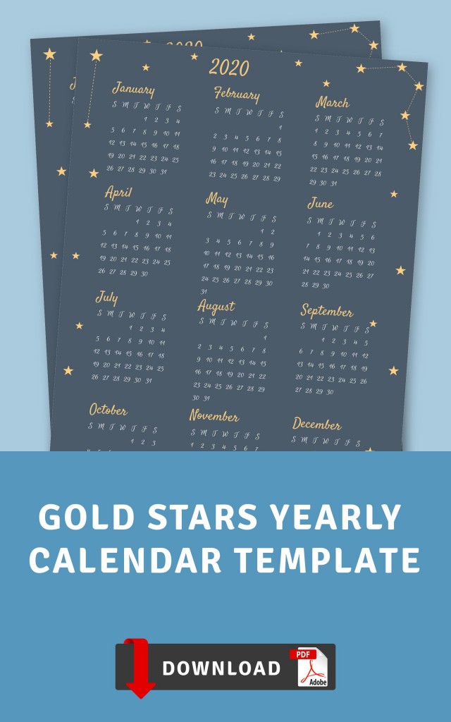 Gold Stars Yearly Calendar Template Printable PDF