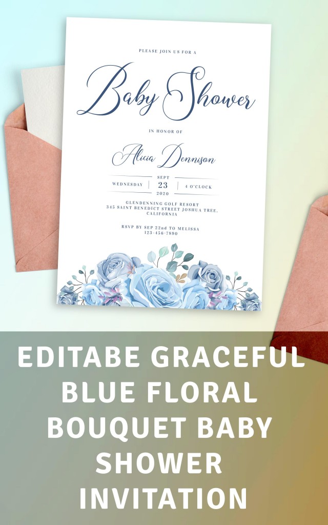 Graceful Blue Floral Bouquet Baby Shower Invitation Template Online Maker