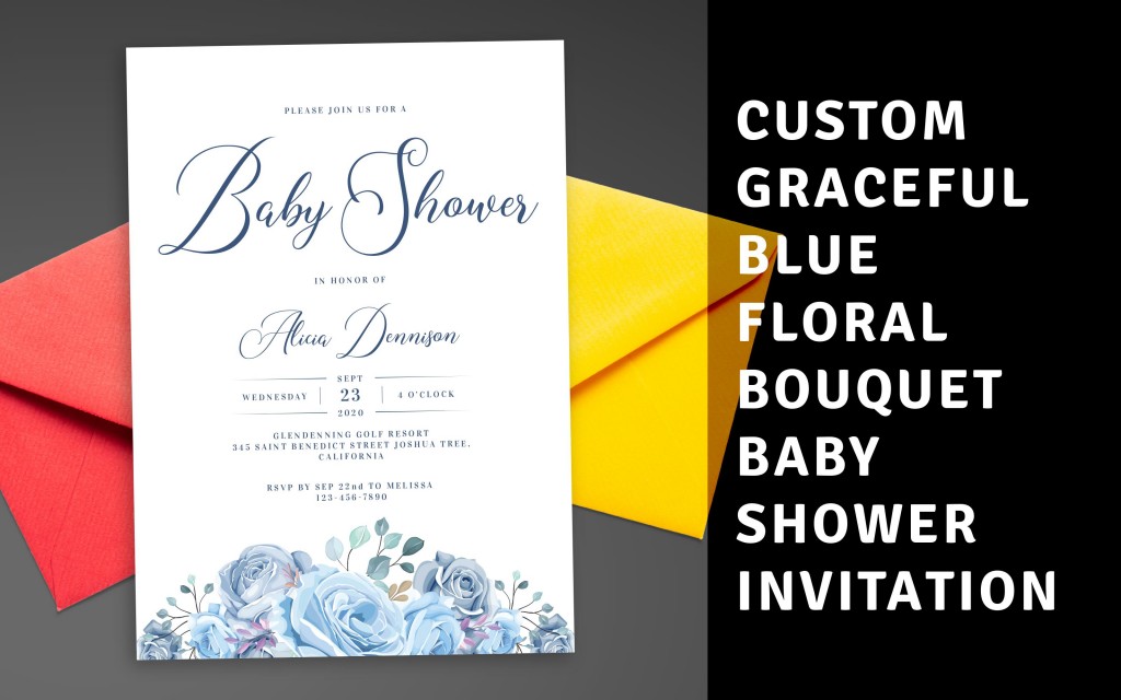 Custom Graceful Blue Floral Bouquet Baby Shower Invitation