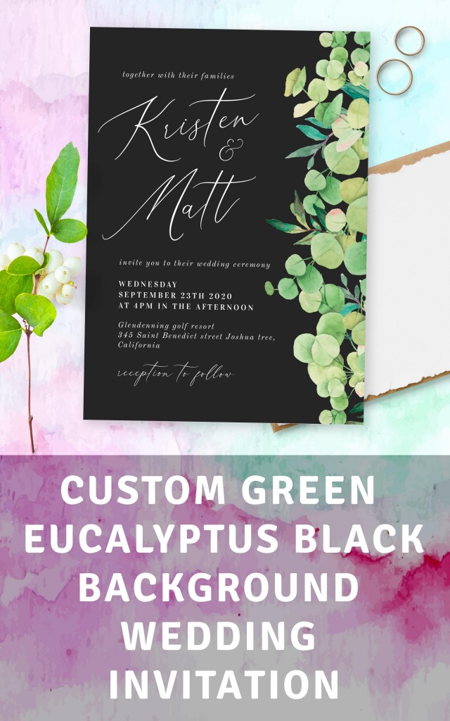 Green Eucalyptus Black Background Wedding Invitation Template Online Maker