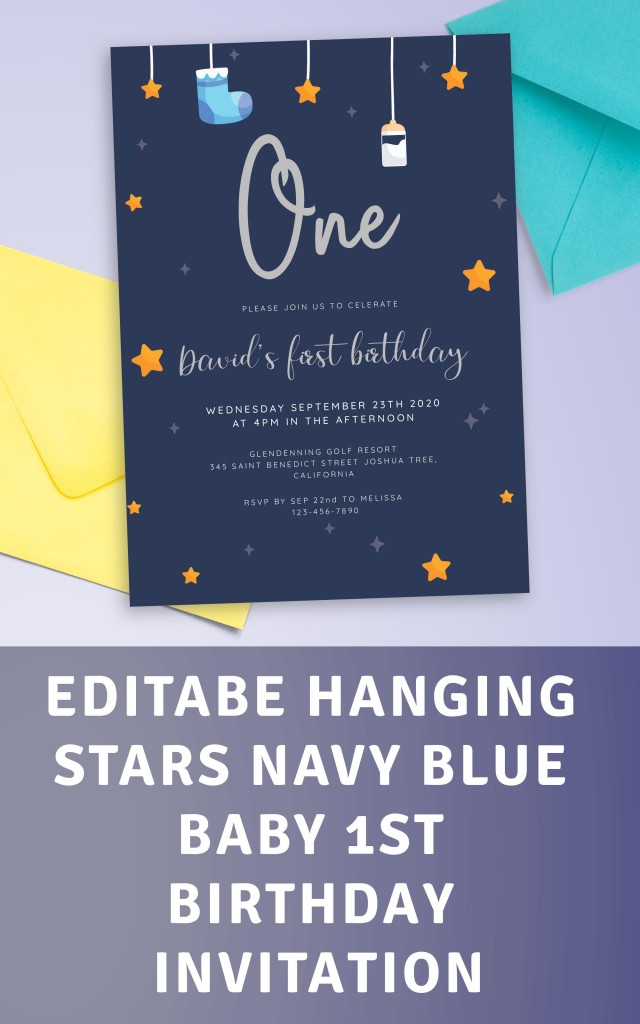 Get Hanging Stars Navy Blue Baby 1st Birthday Invitation