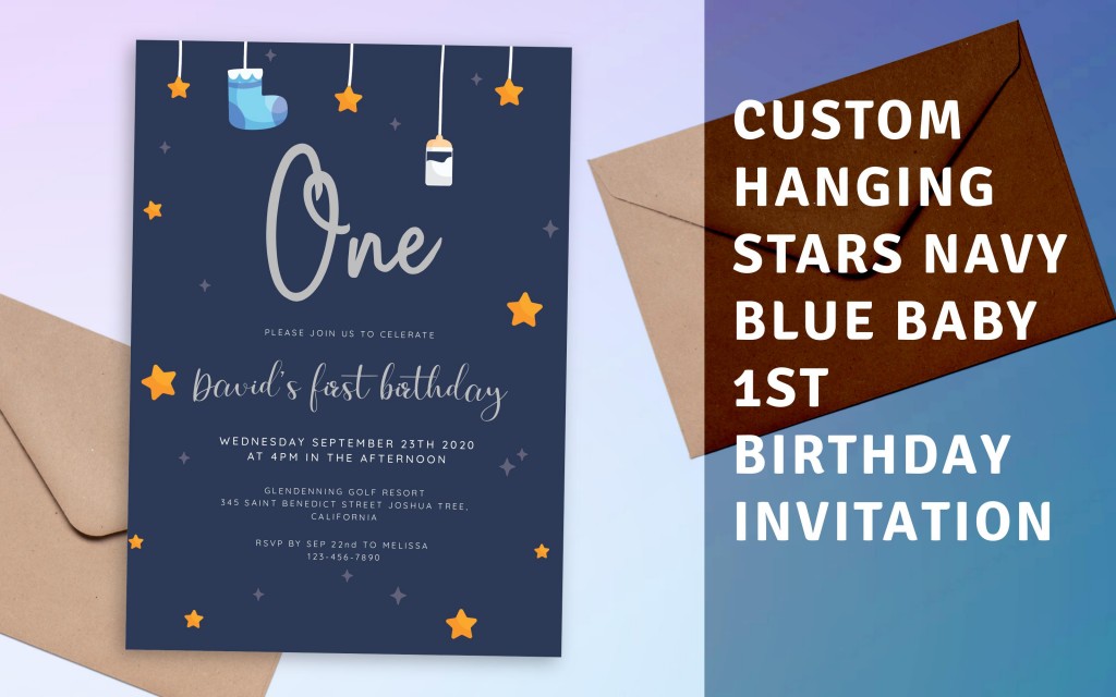 Custom Hanging Stars Navy Blue Baby 1st Birthday Invitation