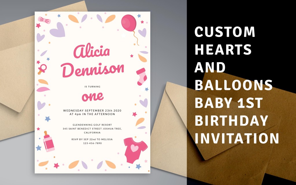Custom Hearts and Balloons Baby 1st Birthday Invitation