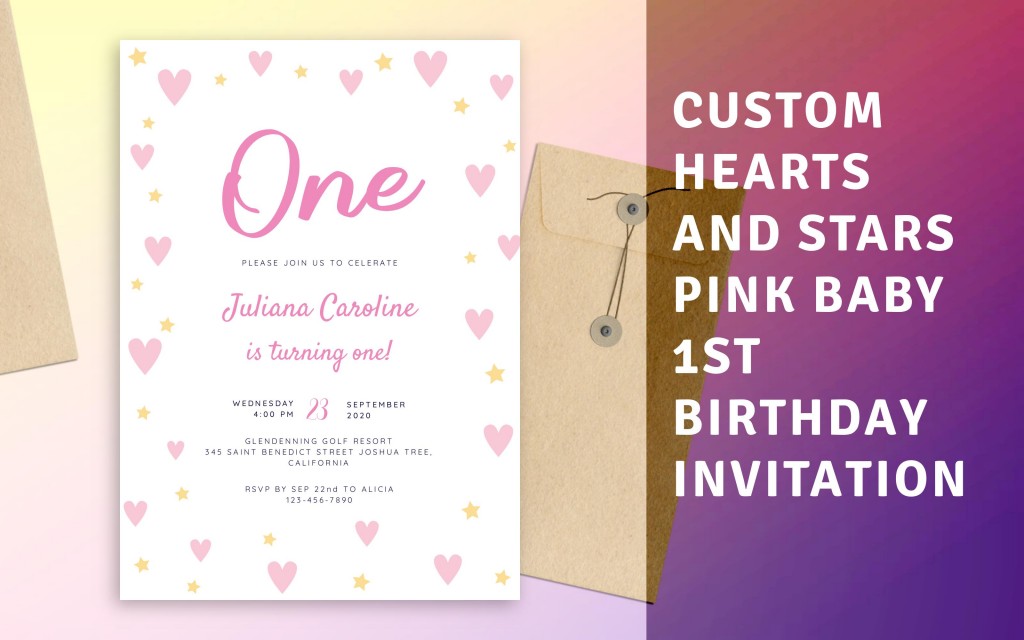 Custom Hearts and Stars Pink Baby 1st Birthday Invitation