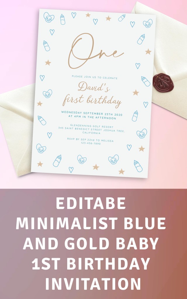 Get Minimalist Blue and Gold Baby 1st Birthday Invitation