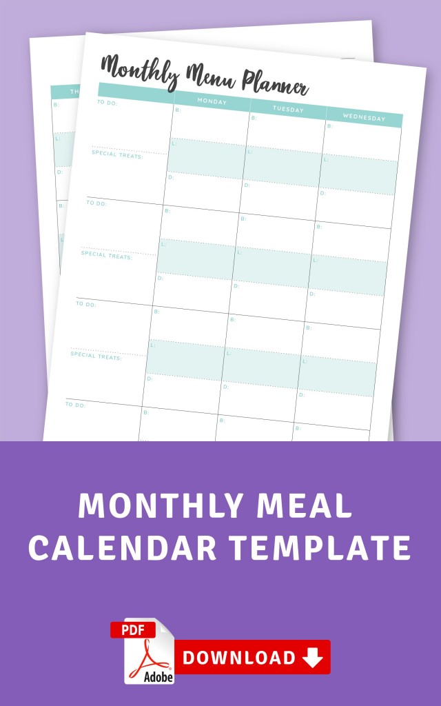 Monthly Meal Calendar Template Printable PDF