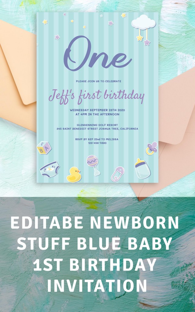 Get Newborn Stuff Blue Baby 1st Birthday Invitation