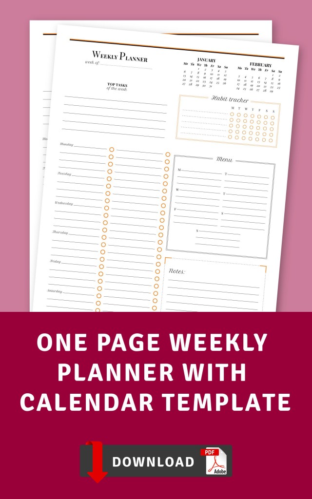 One Page Weekly Planner with Calendar Template - Printable PDF