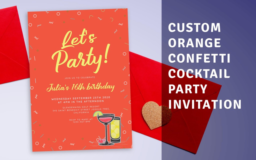 Custom Orange Confetti Cocktail Party Invitation