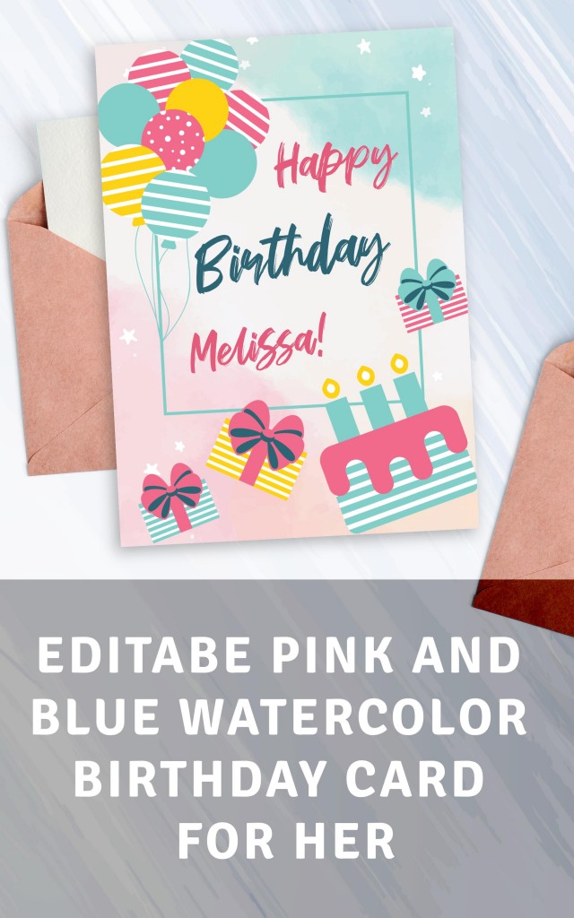 Pink and Blue Watercolor Birthday Card For Her Template Editable Online