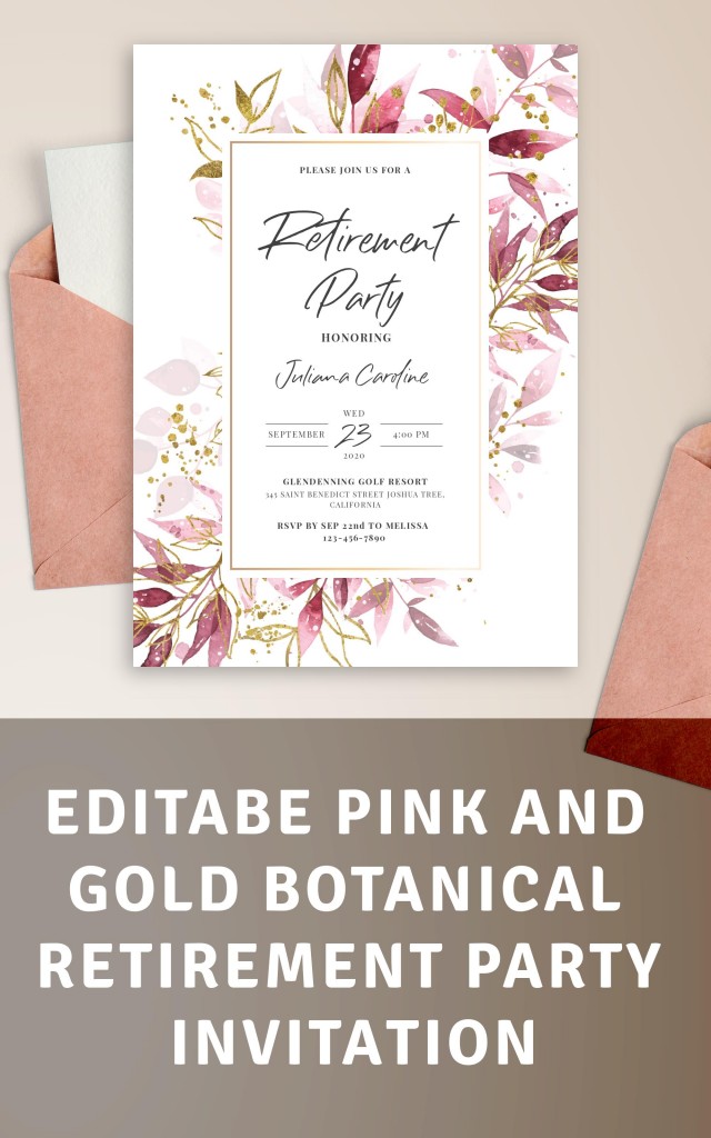 Burgundy and Gold Botanical Retirement Party Invitation Template Online ...