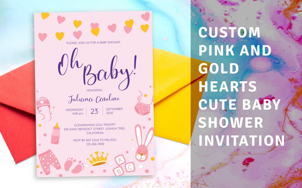 Custom Pink and Gold Hearts Cute Baby Shower Invitation