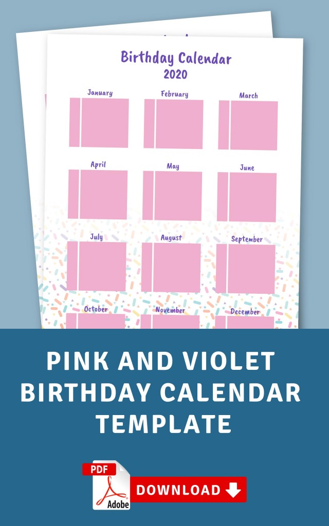 Pink and Violet Birthday Calendar Template - Printable PDF