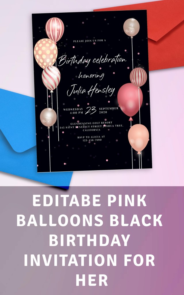 Pink Balloons Black Birthday Invitation For Her Template Online Maker