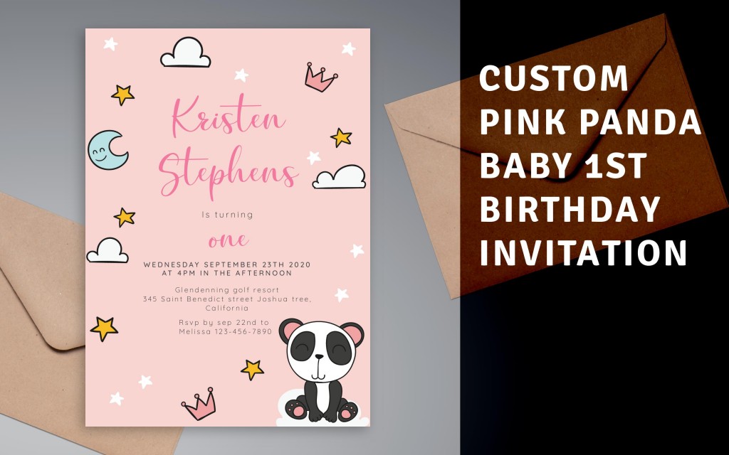 Custom Pink Panda Baby 1st Birthday Invitation
