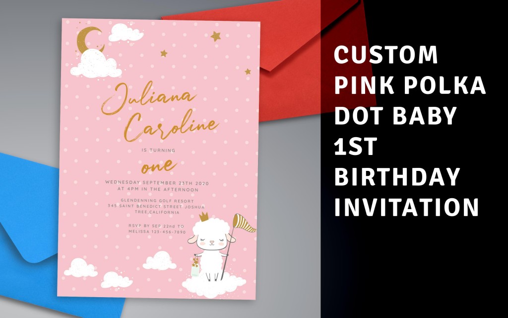 Custom Pink Polka Dot Baby 1st Birthday Invitation