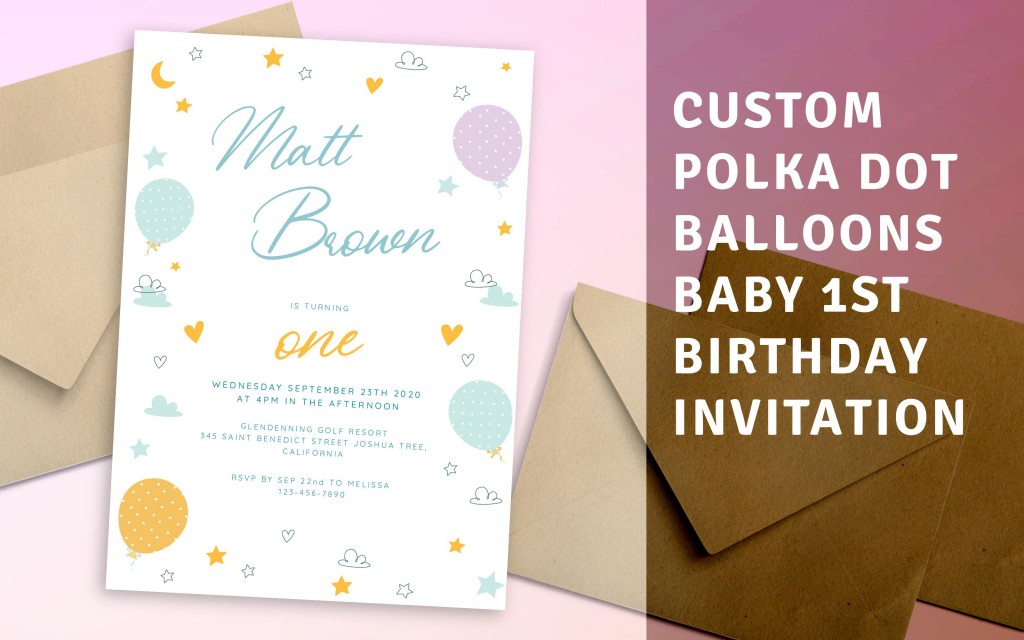Custom Polka Dot Balloons Baby 1st Birthday Invitation