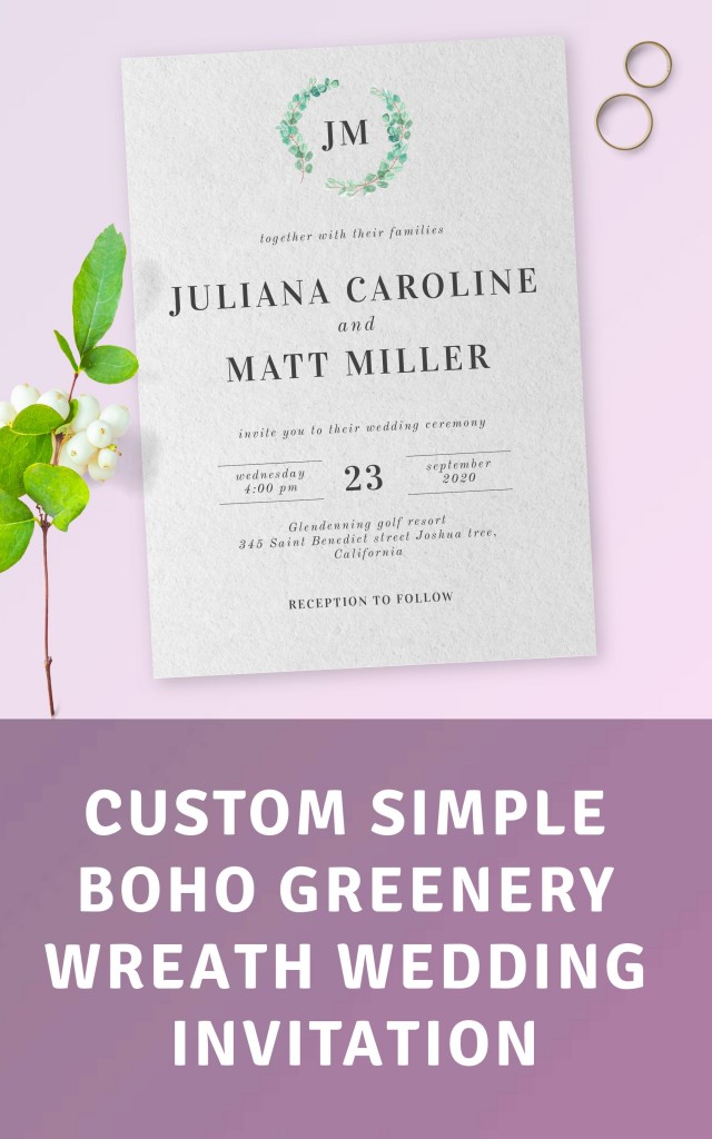 Simple Boho Greenery Wreath Wedding Invitation Template
