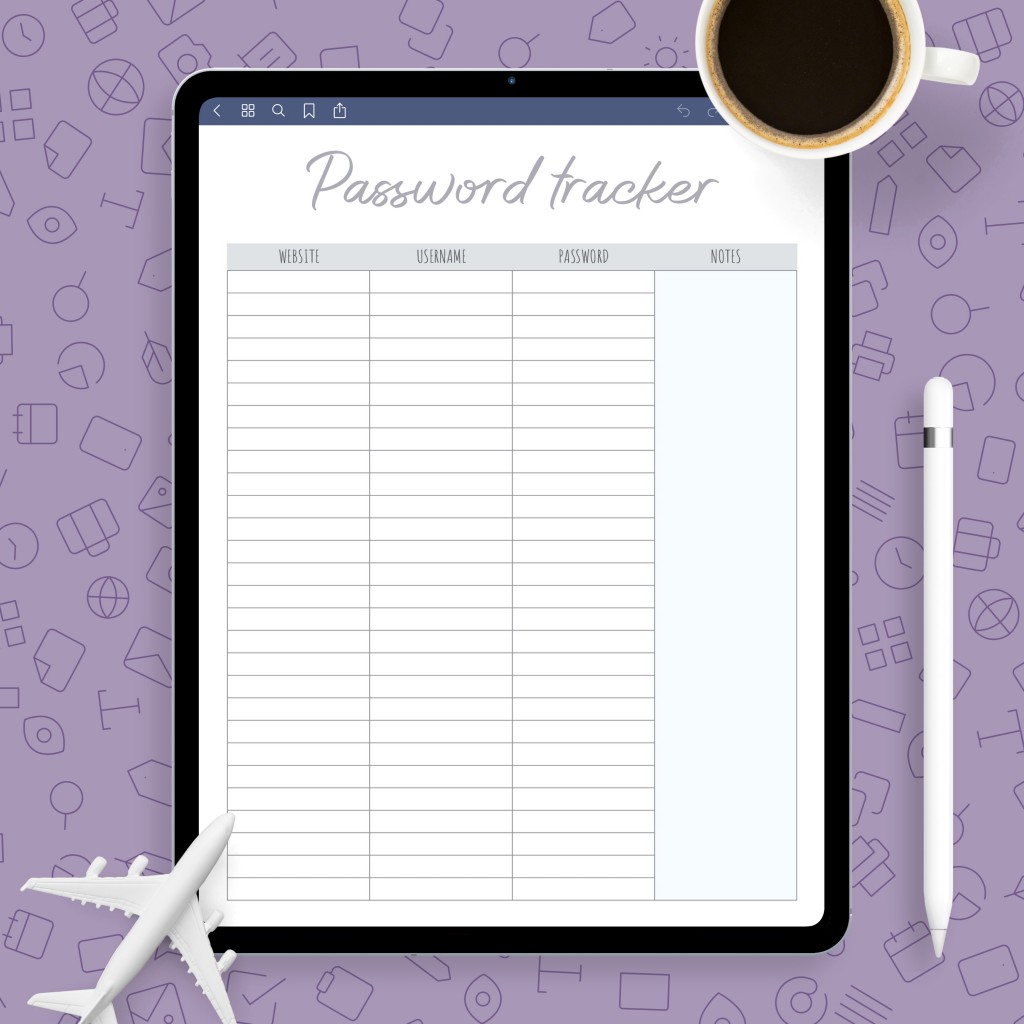 Simple Password Tracker Template with Notes Template - Printable PDF
